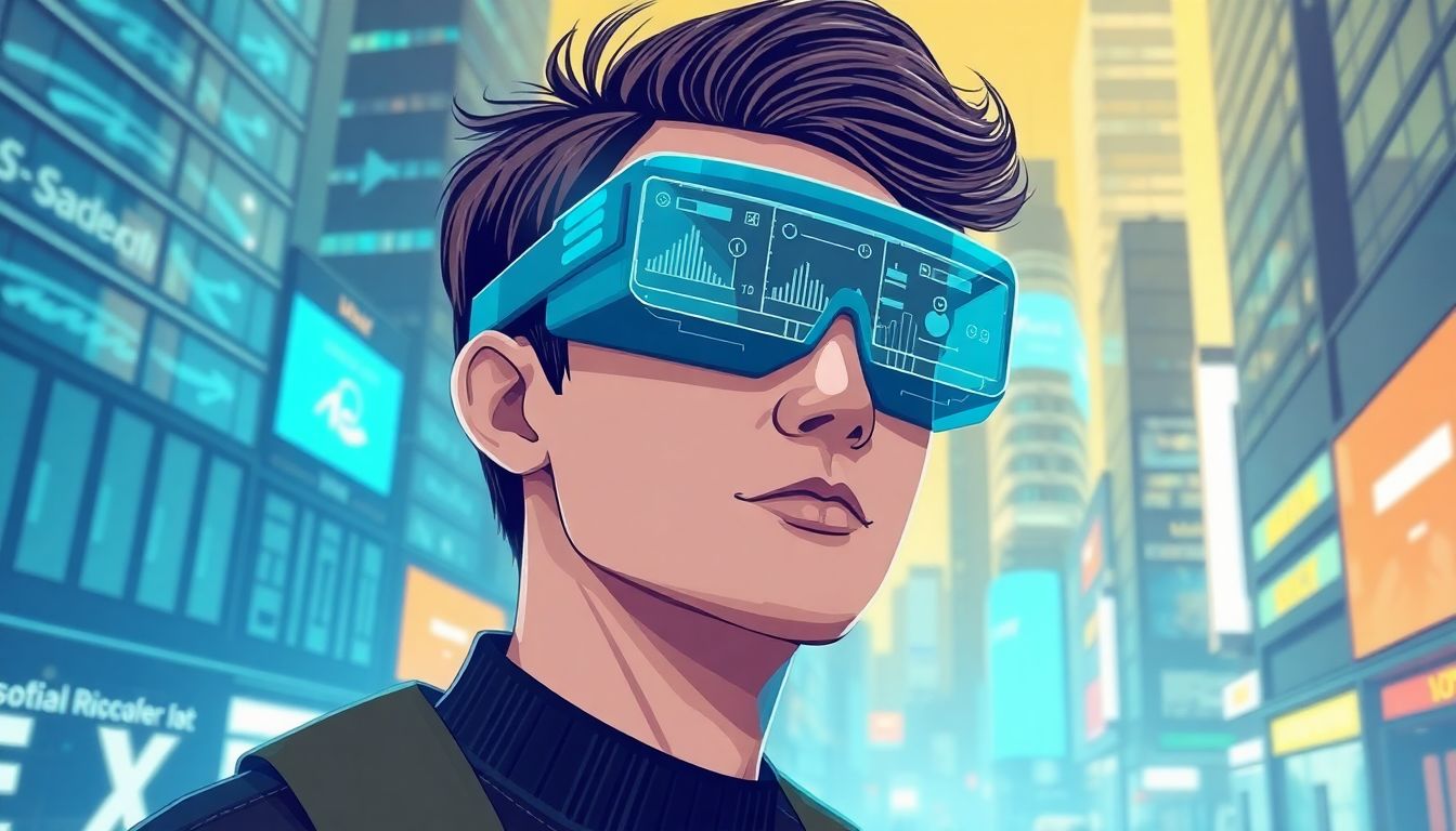 Illustrate a person wearing AI-powered smart glasses in a futuristic city, with digital information seamlessly integrated into their environment.