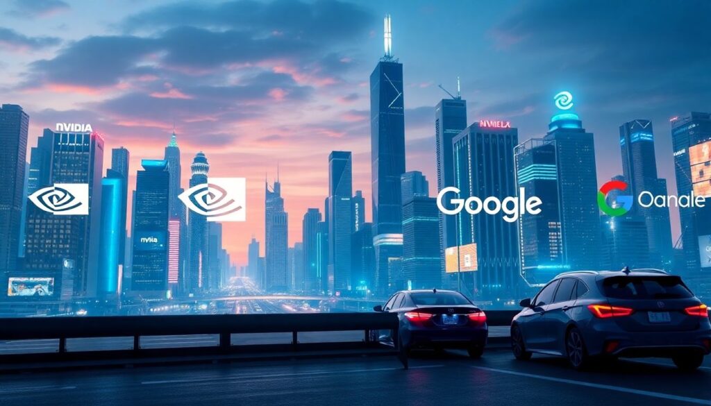 Generate an image of a futuristic cityscape with AI-enhanced devices like smartphones, smart glasses, and autonomous vehicles, with logos of Nvidia, Google, and other tech giants prominently displayed.