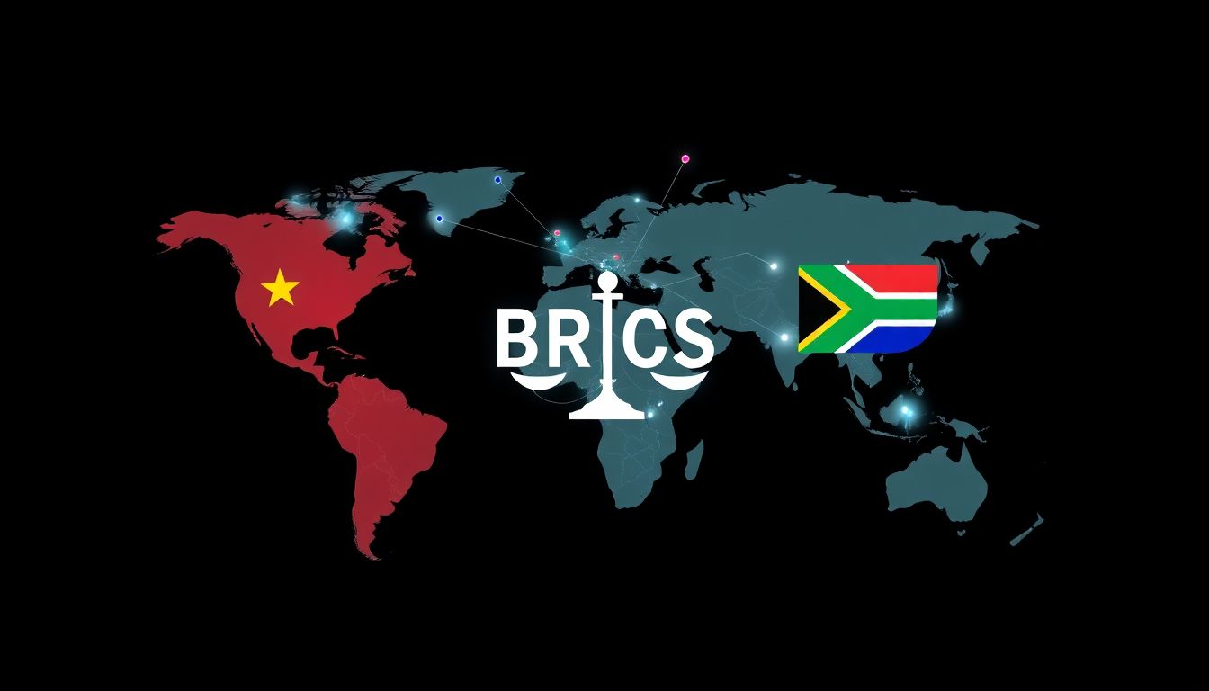 The BRICS AI Alliance Network Design an image of a global network with BRICS countries (Brazil, Russia, India, China, and South Africa) represented as interconnected nodes. Include AI visuals like digital codes and circuits flowing between the nodes. Add a scale symbol to represent the alliance's potential to tip the global geopolitical balance.