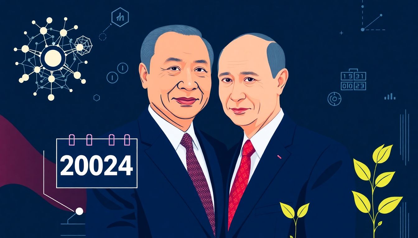 China's Deepening Ties with Russia Illustrate an image of Xi Jinping and Putin together, with AI visuals like neural networks and digital codes surrounding them. Include a calendar highlighting the year 2024 to represent Xi's planned visit. Add a symbol of a growing plant to signify the deepening ties between the two countries.