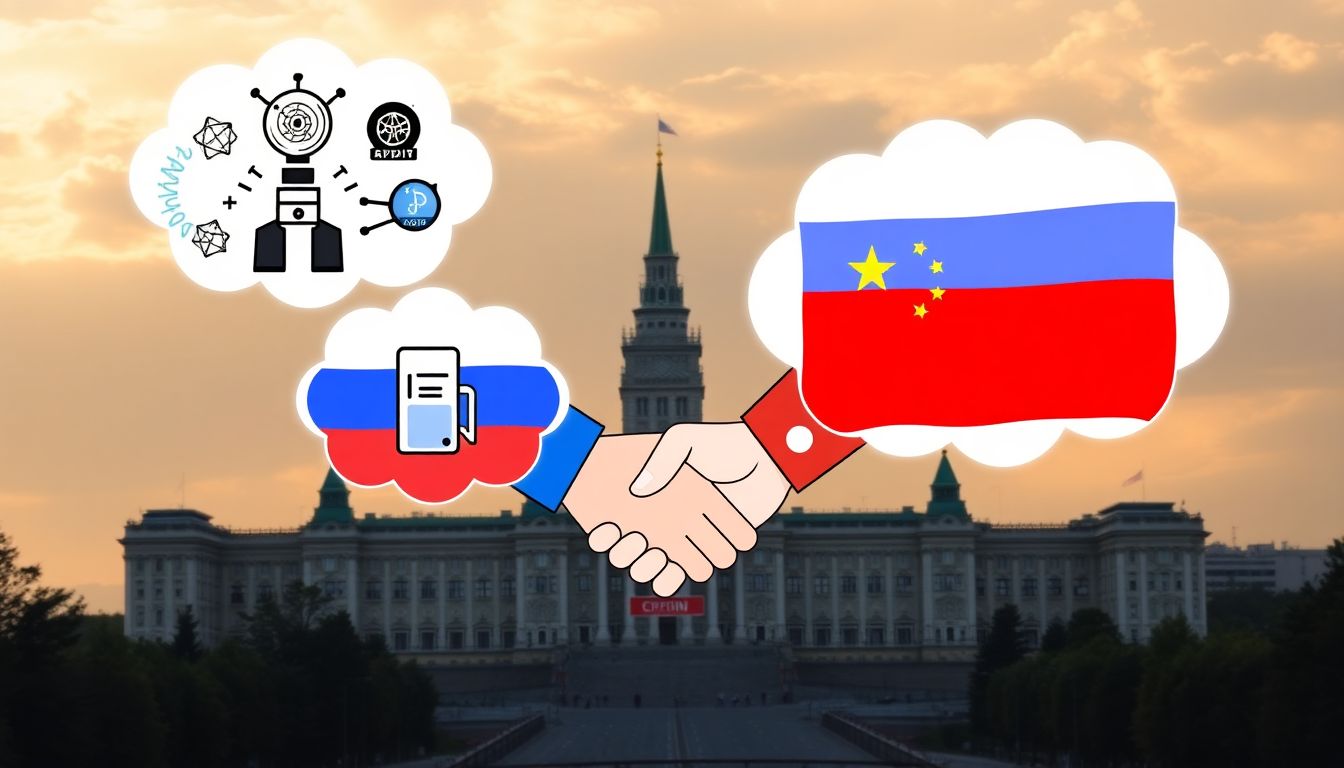 The Kremlin's AI Ambitions Create an image of the Kremlin with thought bubbles showing AI visuals like neural networks, robots, and GPUs.Include a roadblock sign representing sanctions, and a handshake between the Russian and Chinese flags to symbolize cooperation.