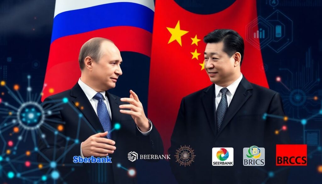 Putin Orders Russian Government, Top Bank to Cooperate with China on AI Tech Generate an image of Russian President Vladimir Putin and Chinese President Xi Jinping discussing AI technology, surrounded by futuristic AI visuals such as neural networks, circuits, and digital codes. Include the flags of Russia and China in the background, and the logos of Sberbank and BRICS to represent the cooperation between these entities.
