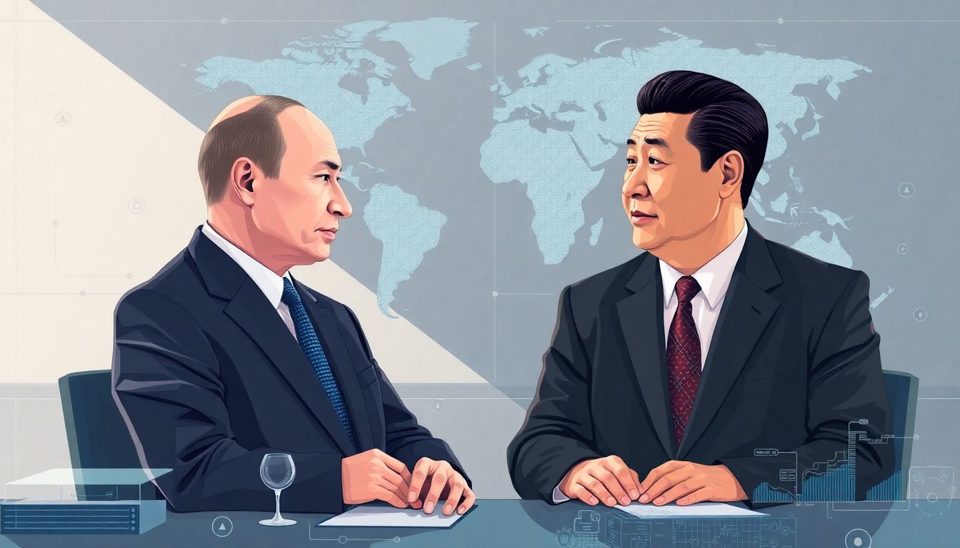 Deepening Ties Between Russia and China Illustrate a scene of Putin and Xi Jinping engaged in a strategic discussion with AI technologies and global maps surrounding them.