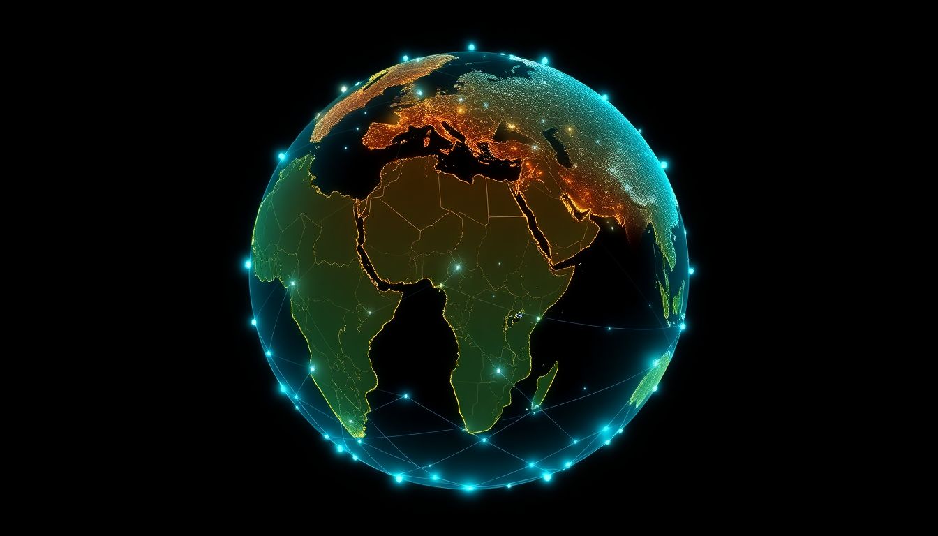 The BRICS Alliance and Global Implications Design an image of a globe with BRICS countries highlighted and interconnected by digital networks, representing the AI Alliance Network.