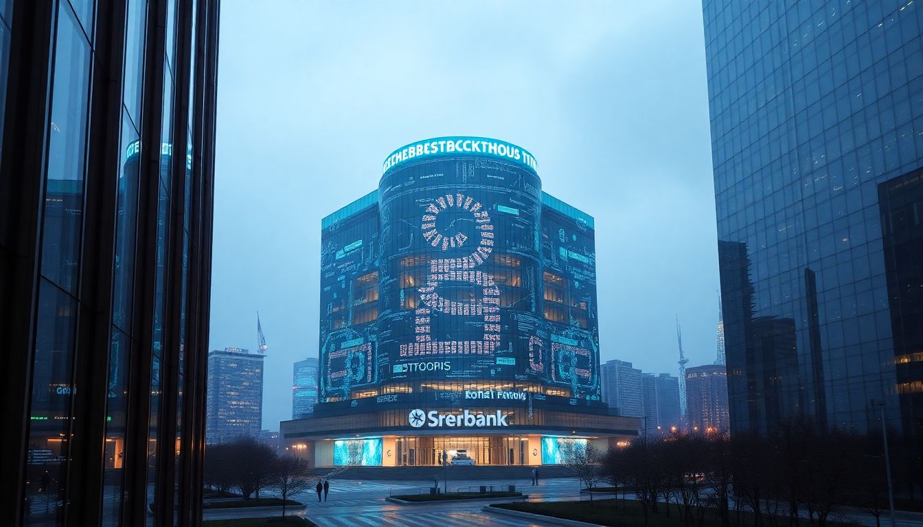 Putin's Directive and Sberbank's Role Create an image of a futuristic Sberbank headquarters with AI algorithms and data streams visible through the windows.