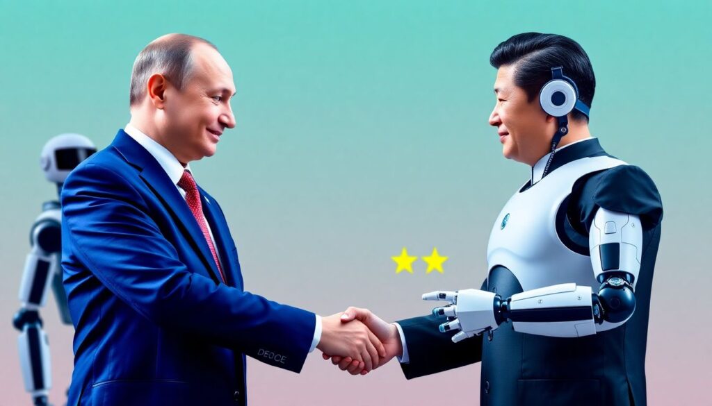 Putin Orders Russian Government, Top Bank to Cooperate with China on AI Tech Generate an image of Vladimir Putin and Xi Jinping shaking hands with AI-powered robots in the background, symbolizing the cooperation between Russia and China in AI technology development.