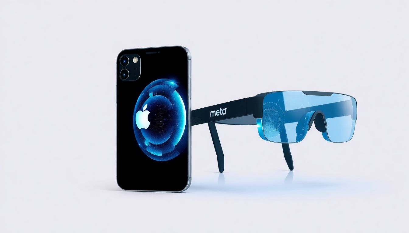 The AI Race in Silicon Valley Design an image featuring Apple's futuristic AI-enhanced iPhone and Meta's AI-powered smart glasses, symbolizing the tech industry's pivot towards AI.