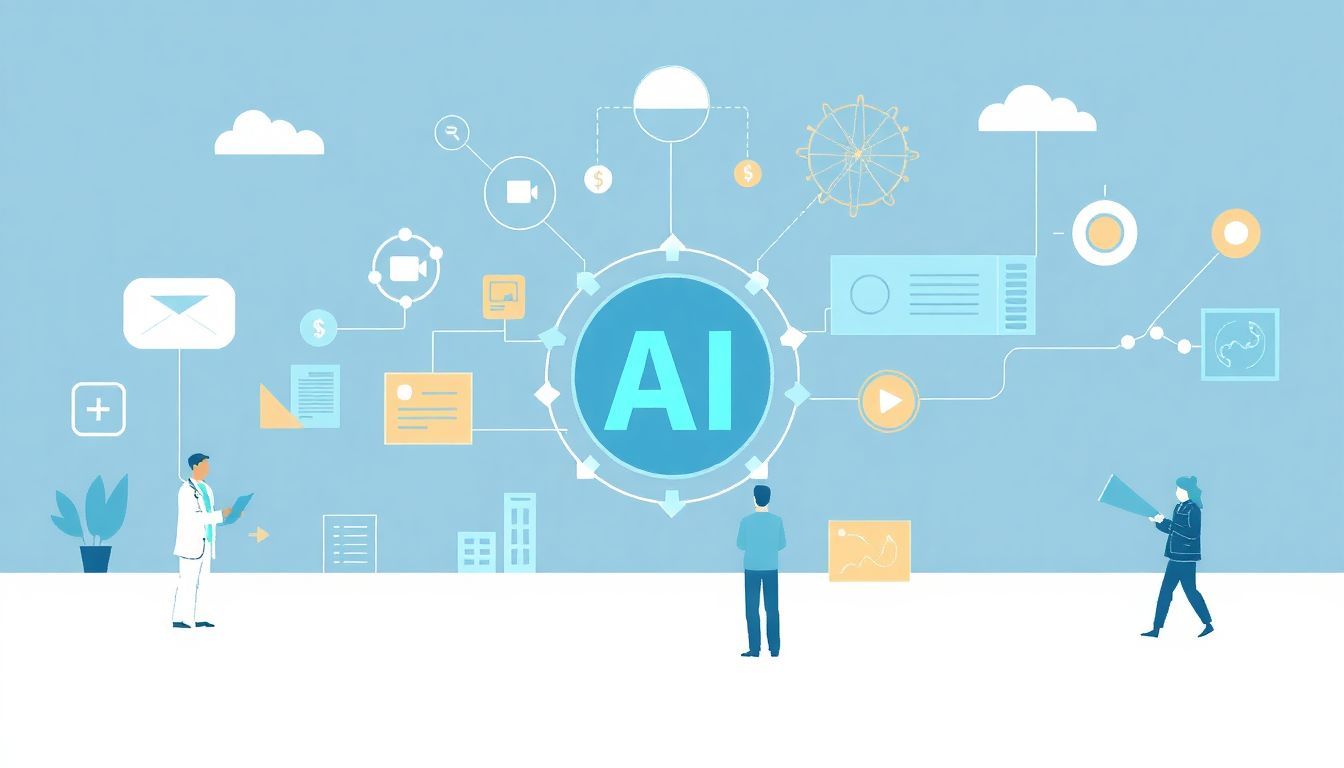 AI's Expansion Beyond Silicon Valley Illustrate a scene where AI is integrated into various sectors like healthcare, finance, and defense, showcasing a blend of technological innovation and real-world applications.