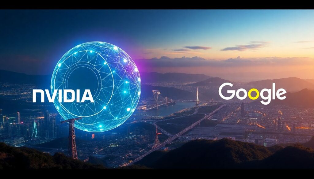 Nvidia, Google and the Hardware Revolution Behind AI’s Rise in 2024 Create an image showcasing futuristic AI hardware from Nvidia and Google, with a backdrop of Silicon Valley's iconic landscapes and a hint of global impact.