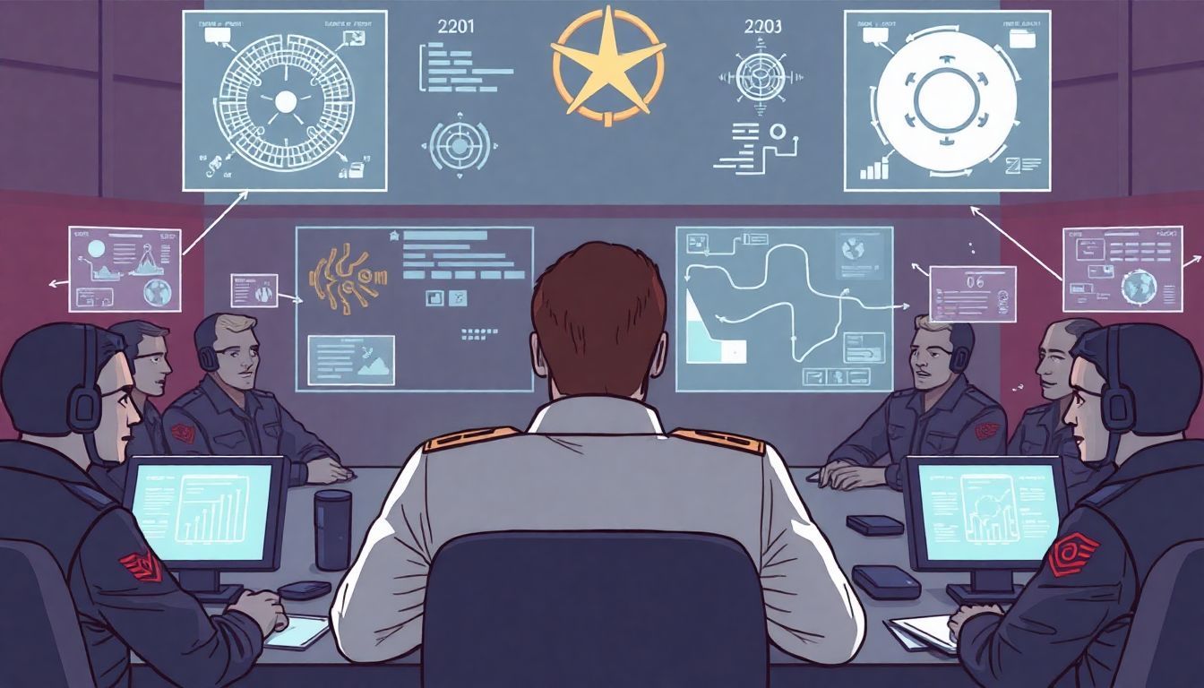Illustrate a human commander making strategic decisions in a war room, surrounded by AI-generated insights and suggestions.