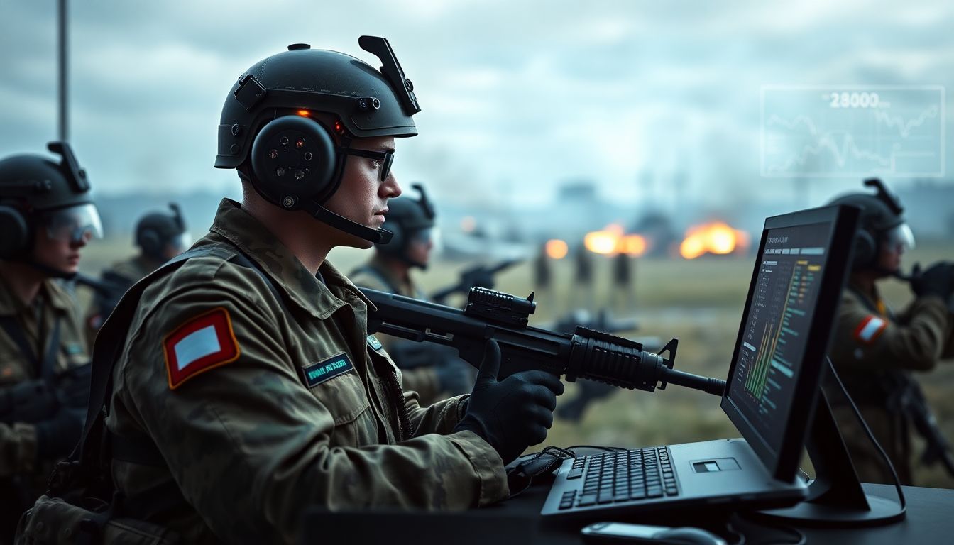 Create an image of a military strategist using AI-powered tools to analyze battlefield data and simulate different scenarios.