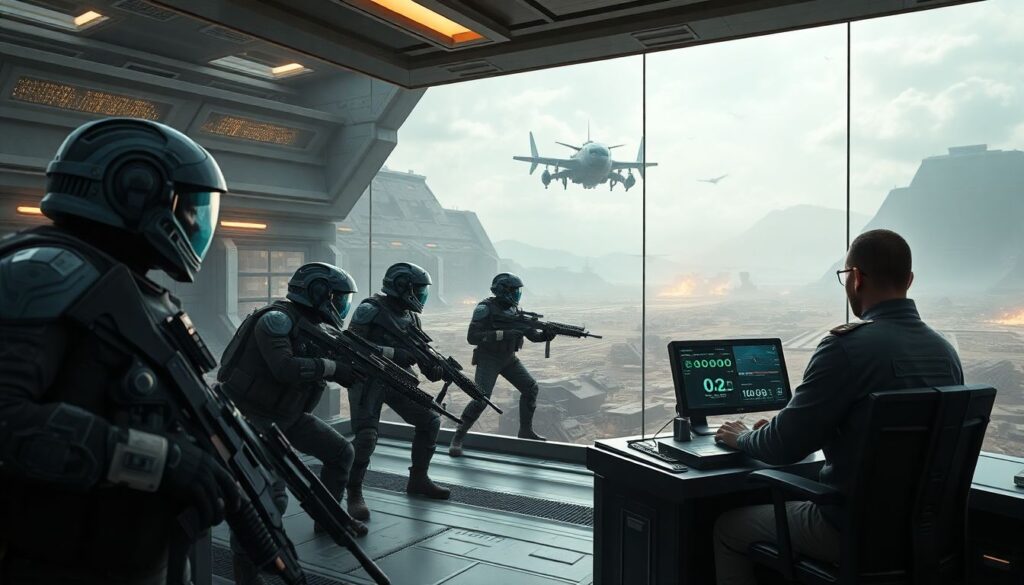 Generate an image of a futuristic battlefield with soldiers using advanced AI-powered equipment, while a human commander oversees the operation from a high-tech control room.