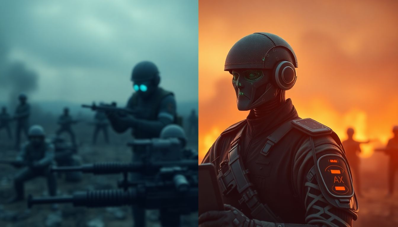 Design an image of a human commander making dynamic decisions on the battlefield, contrasted with AI systems operating within predefined algorithms.