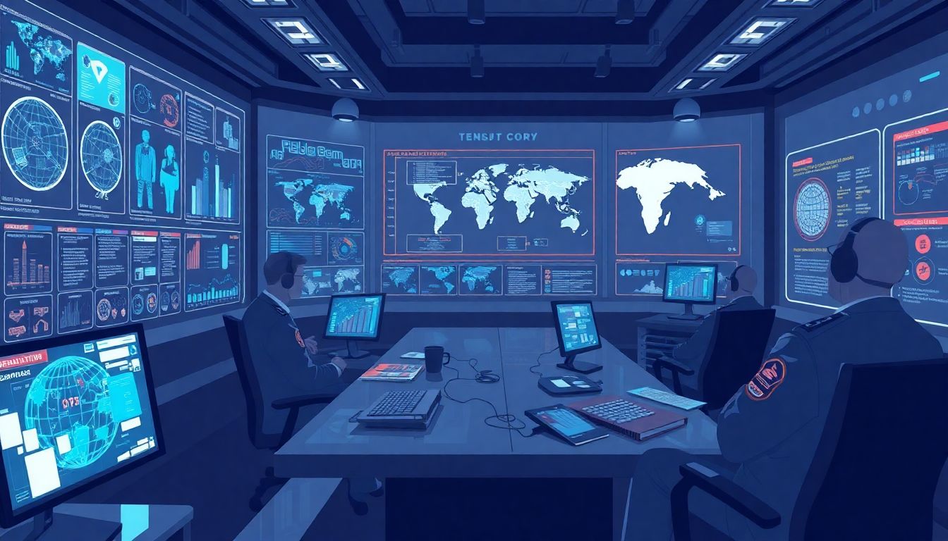Create an illustration of AI systems assisting human commanders in a strategic planning room, with data visualizations and simulations on display.