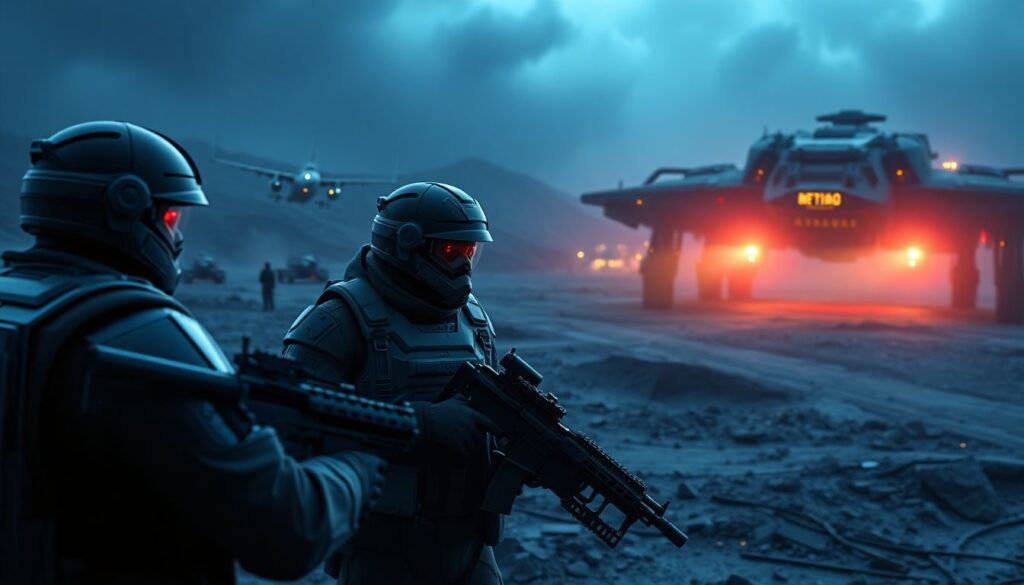 Generate an image of a futuristic battlefield with human commanders overseeing AI-driven systems, highlighting the collaboration between humans and machines.