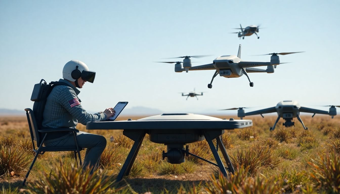 Design a scenario where human commanders are strategizing while AI-driven drones execute their plans, showcasing the synergy between human creativity and AI precision.