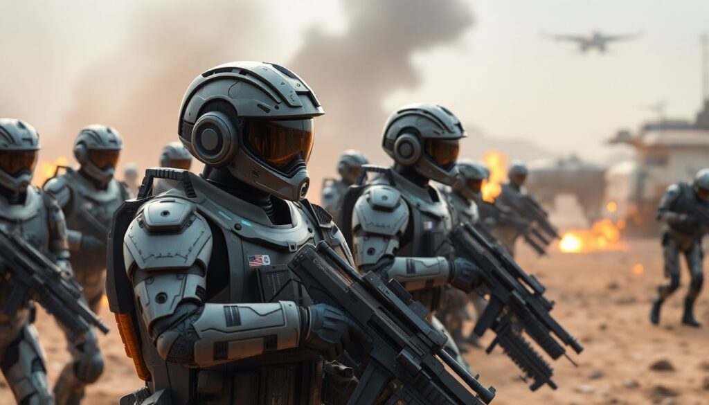 Generate an image of a futuristic battlefield with soldiers using advanced AI technology, but with human commanders clearly in control, making strategic decisions.