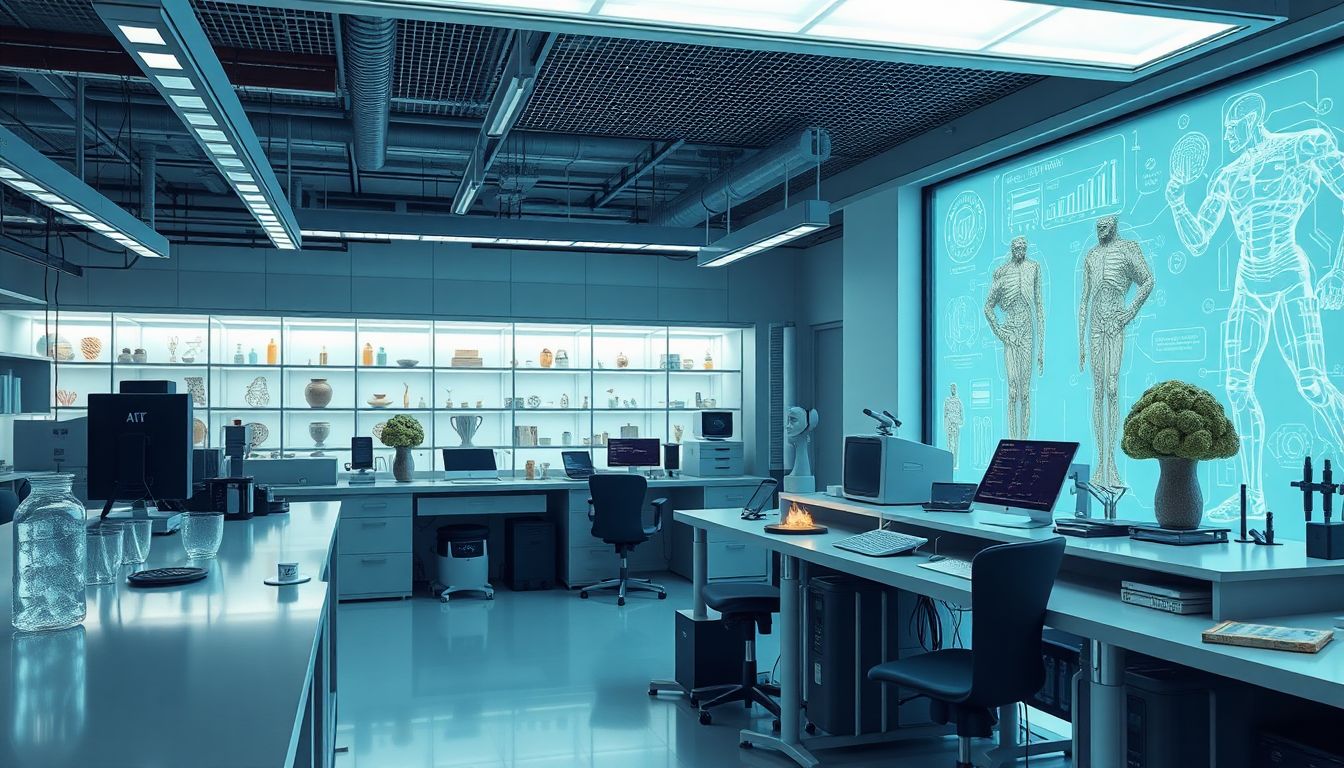 Generate an image of a modern research lab with AI tools and ancient artifacts, showcasing the fusion of past and present.