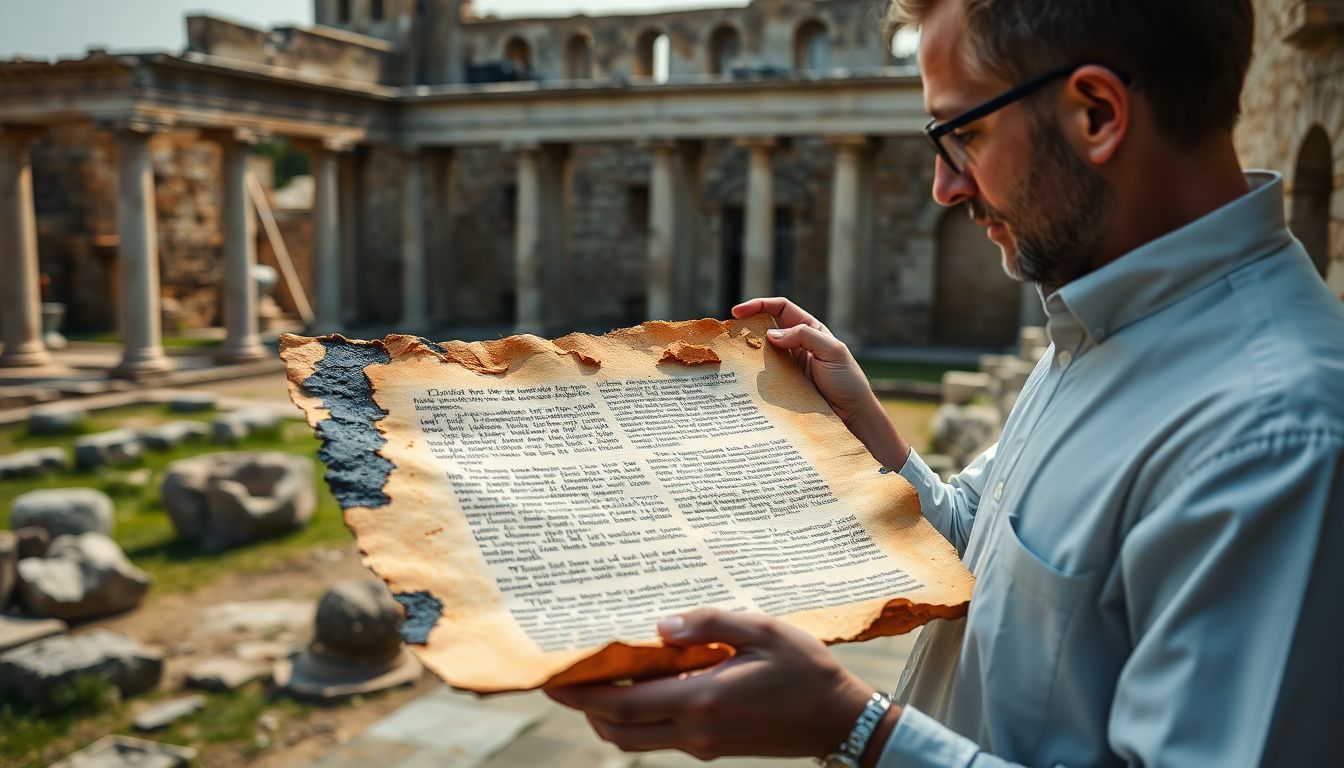 Generate an image of a researcher examining a charred papyrus scroll with AI-enhanced text visible, set against the backdrop of the ruined villa in Herculaneum.