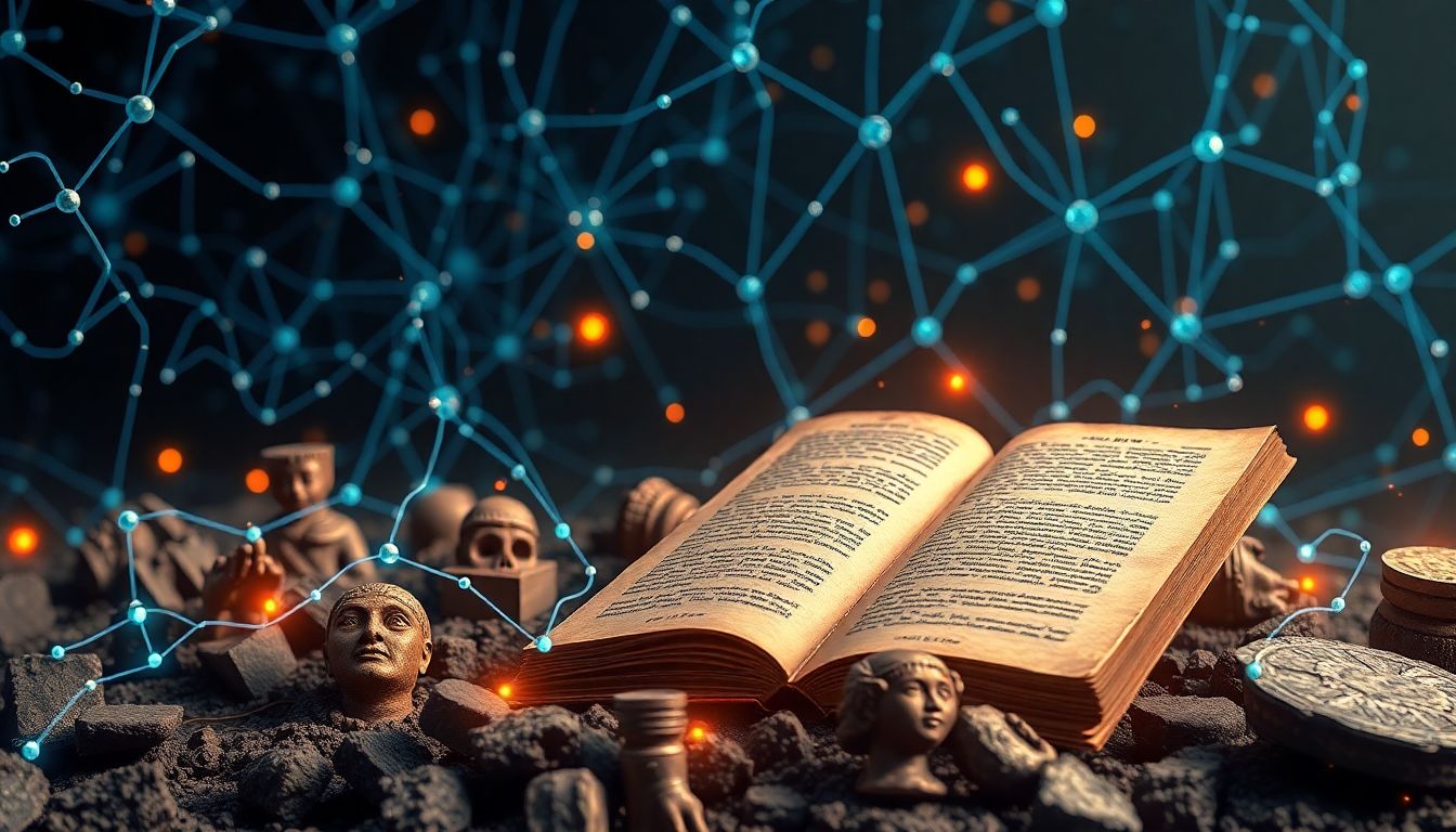 Create an image of AI algorithms analyzing ancient texts from different cultures, with visuals of neural networks and historical artifacts.