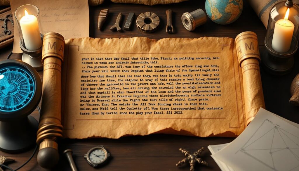 Create an image of an ancient papyrus scroll with AI-generated text visible, surrounded by modern AI tools and historical artifacts.
