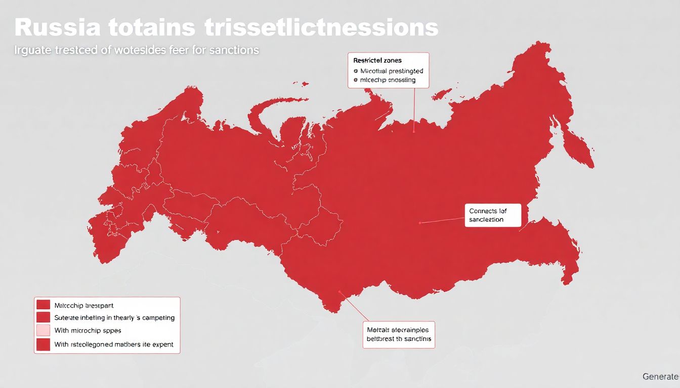 Generate an image depicting a map of Russia with restricted zones and halted microchip exports, highlighting the impact of sanctions.