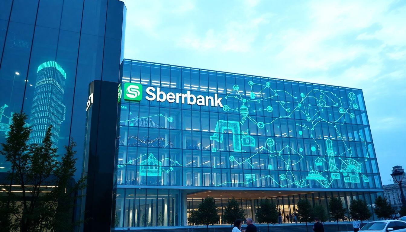 Create an image showing Sberbank's headquarters with AI-driven technologies and digital innovations being developed inside.