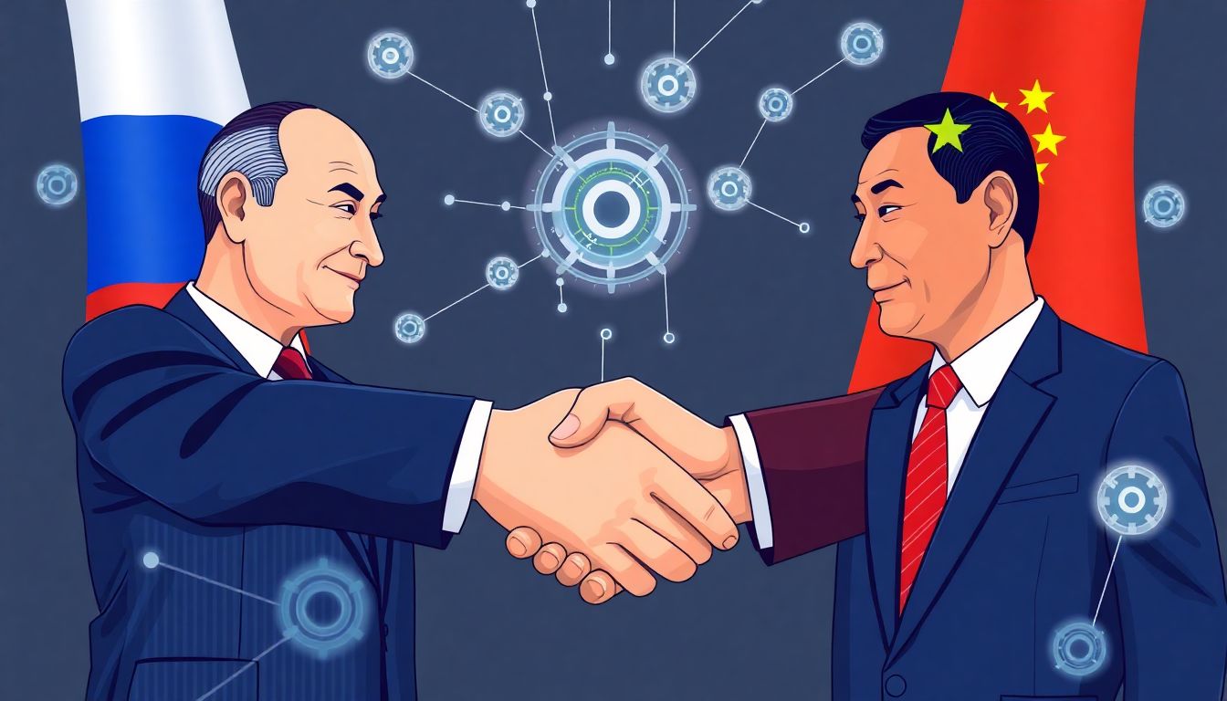 Illustrate a handshake between Russian and Chinese officials with AI symbols and digital networks connecting them.
