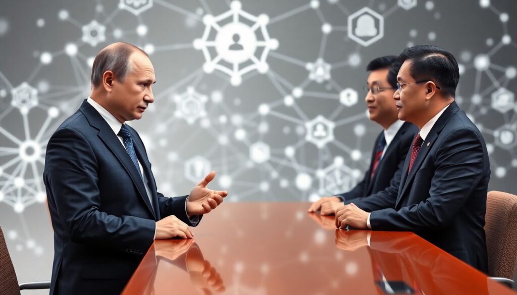Create an image illustrating President Vladimir Putin discussing AI cooperation with Chinese officials, with digital networks and AI symbols in the background.