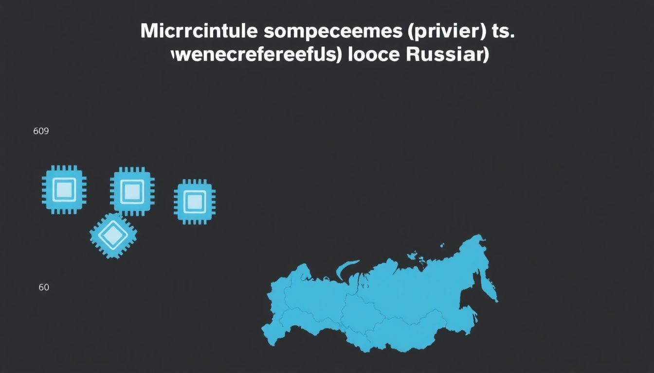 Create an image showing a graphical representation of the decline in microchip exports to Russia due to Western sanctions, with icons of microchips and a map highlighting Russia.