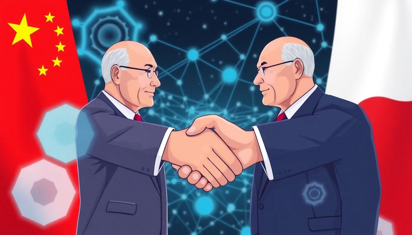 Illustrate a handshake between representatives of China and Russia, with a background of AI-driven technologies and data networks connecting the two nations.
