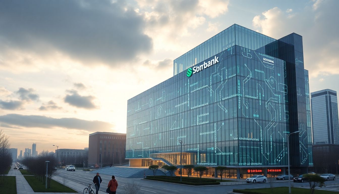 Design an image of Sberbank's headquarters with futuristic AI technologies integrated into the building's design, symbolizing its role in AI development.
