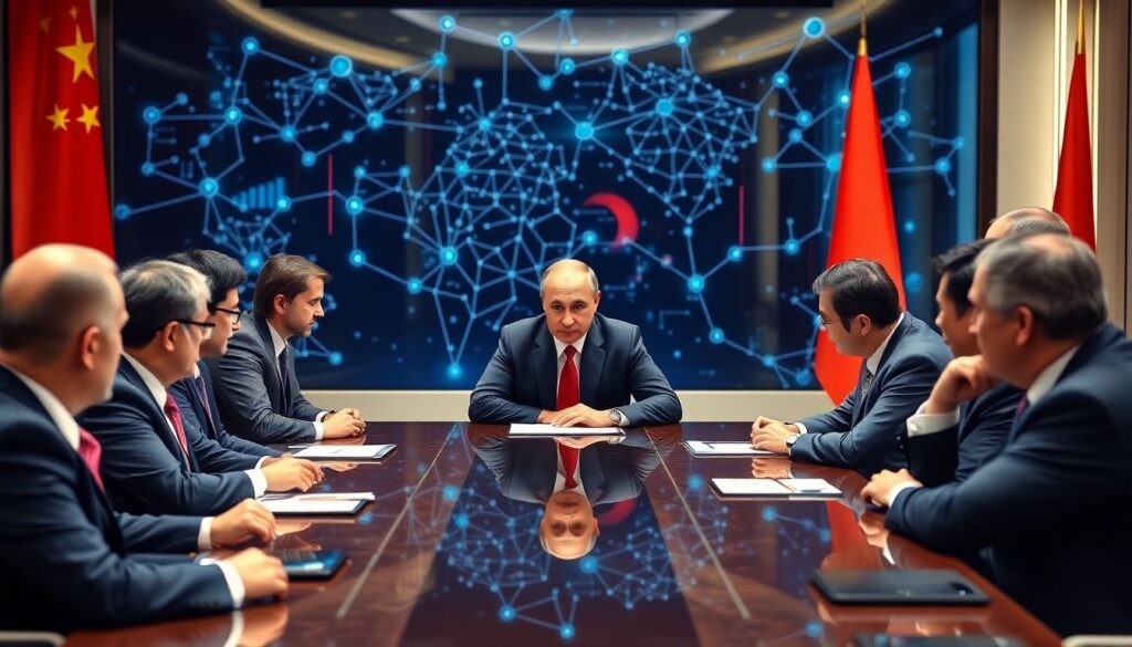 Generate an image depicting President Vladimir Putin in a meeting with Russian government officials and Sberbank representatives, discussing AI cooperation with China, with a backdrop of advanced technology and digital networks.