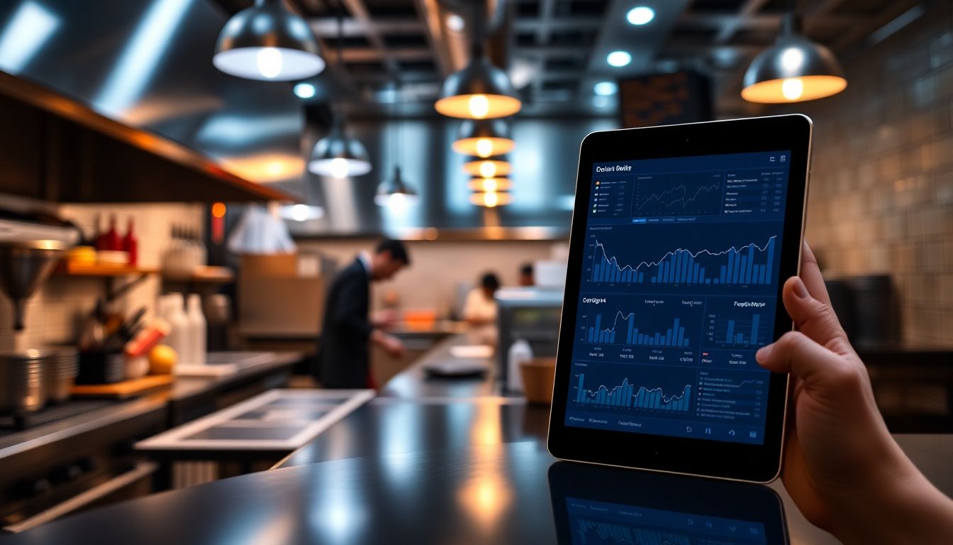 Create an image of a bustling restaurant kitchen with data analytics displayed on a nearby tablet, symbolizing the integration of Delaget's technology with PAR's platform.