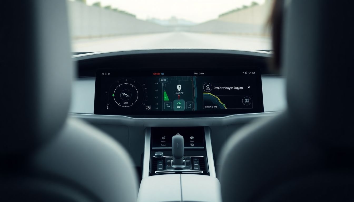 Design an image of a sleek Jaguar Land Rover dashboard with AI-driven features, such as voice recognition and predictive navigation, in action.