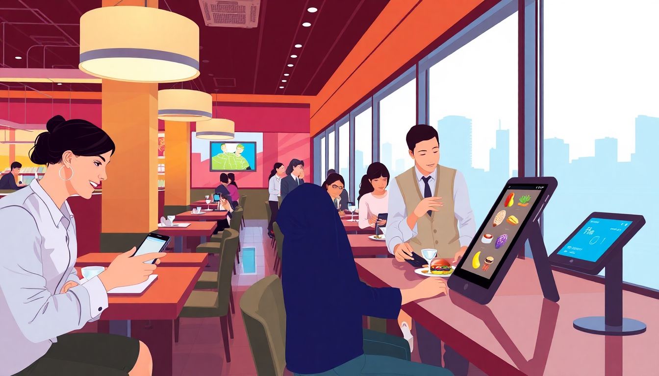 Illustrate a modern restaurant setting where diners are using handheld POS devices and table kiosks to order and pay for their meals.