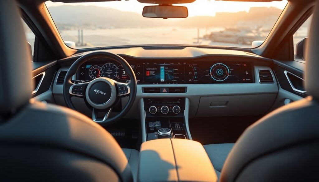 Generate an image of a luxurious Jaguar Land Rover interior, with futuristic AI interfaces on the dashboard screens, and a subtle Cerence logo integrated into the design.