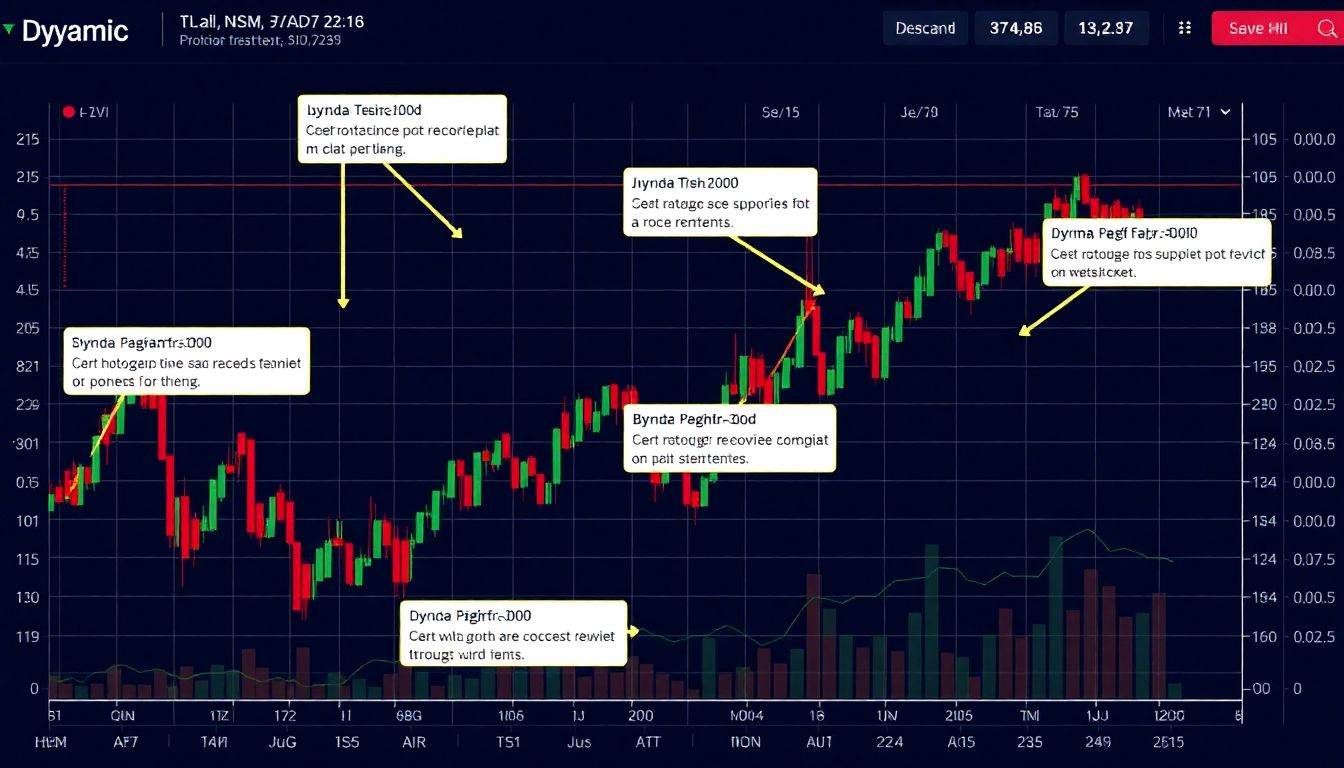 A dynamic stock market chart with highlights on key portfolio positions and their performance trends.