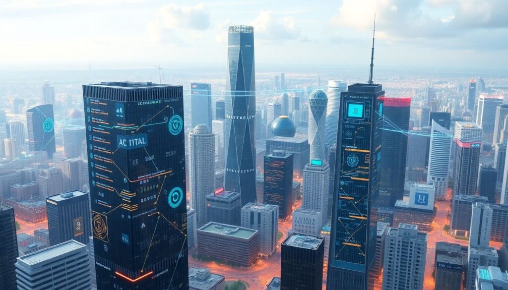 A futuristic cityscape with AI-driven technologies integrated into various sectors, highlighting corporate buildings with digital interfaces and data streams.