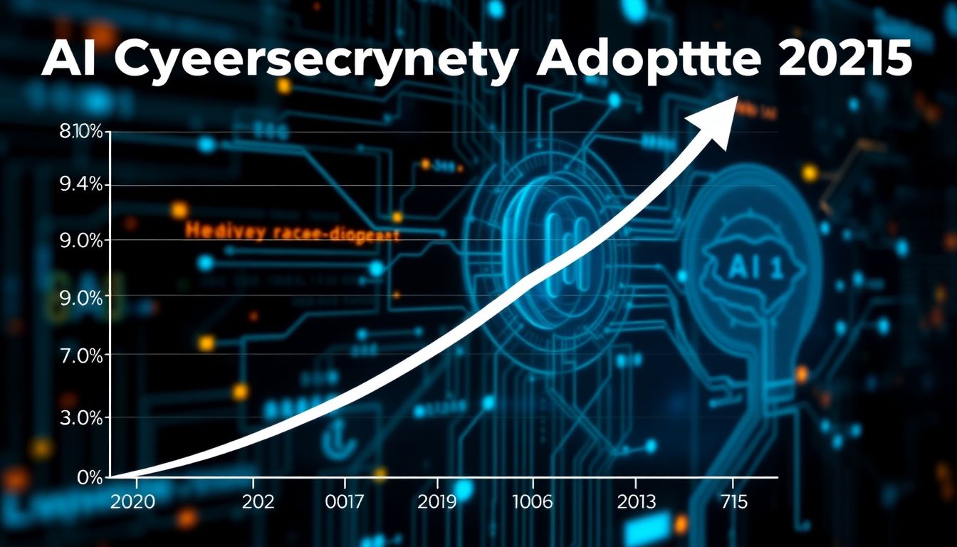 Illustrate a graph showing the rise in AI cybersecurity adoption rates, with a background of digital networks and AI algorithms at work.