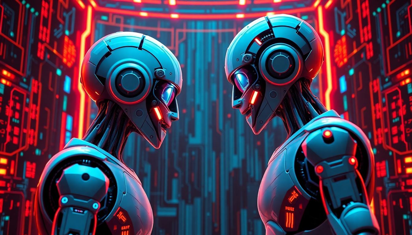 Create an image of two AI robots facing off in a digital arena, surrounded by firewalls, data streams, and cyber threats.