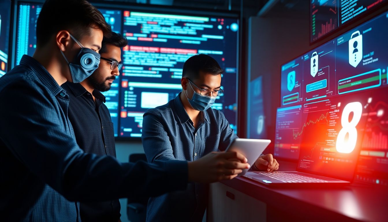 Show a team of cybersecurity experts using AI tools to detect and counter phishing attacks, with visuals of AI-driven security measures in action.