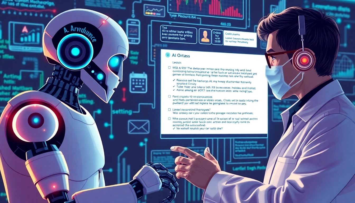 Depict AI bots mimicking human communication styles and creating bespoke phishing emails, with a cybersecurity expert analyzing these threats on a digital interface.