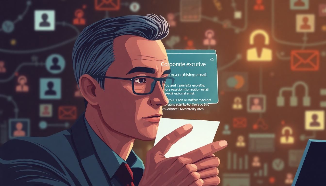 Illustrate a corporate executive receiving a highly personalized phishing email, with AI bots in the background gathering information from social media profiles.