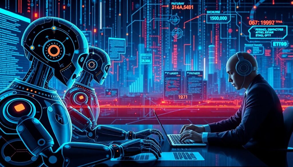 Create an image of a futuristic digital landscape with AI bots analyzing data and sending phishing emails, while cybersecurity experts work to counter these threats with advanced AI tools.