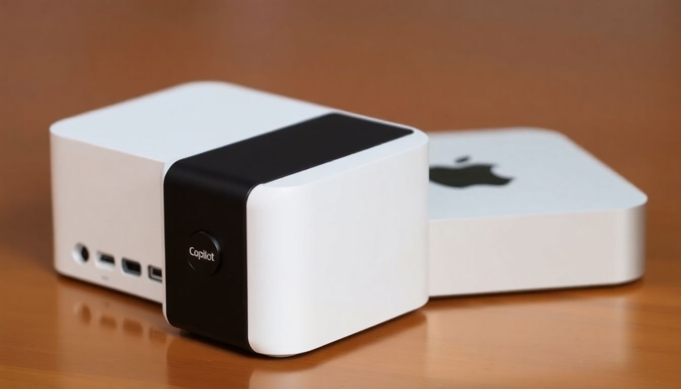 The Rise of Copilot Plus Mini PCs A sleek mini PC with a prominent Copilot button, sitting next to an Apple Mac Mini for comparison.