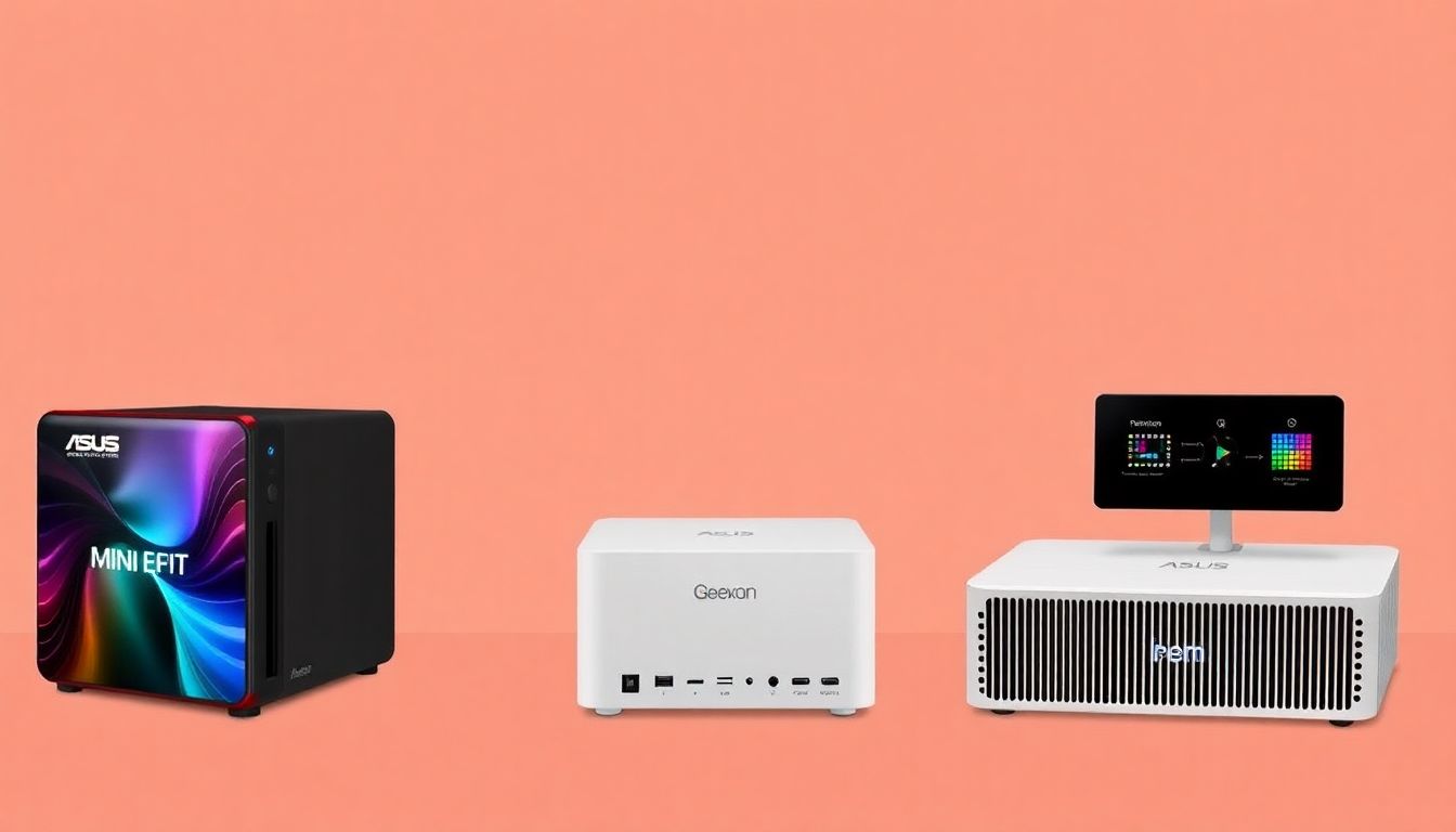 Asus and Geekom Lead the Charge A lineup of Asus and Geekom mini PCs, each with unique designs and prominent AI features.