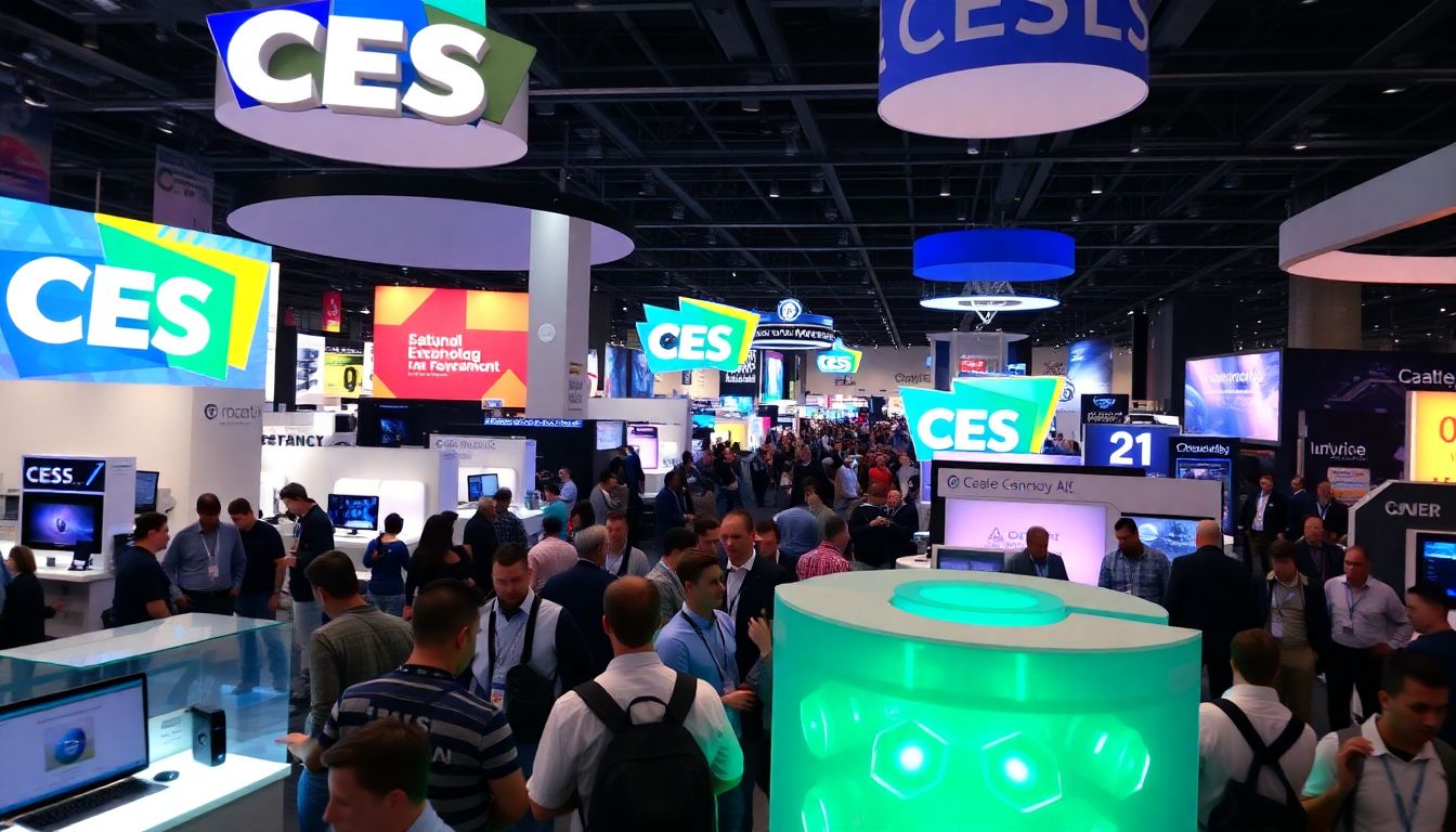 CES 2025: A Launchpad for AI Innovation A bustling CES exhibit hall filled with cutting-edge AI technology and eager attendees.