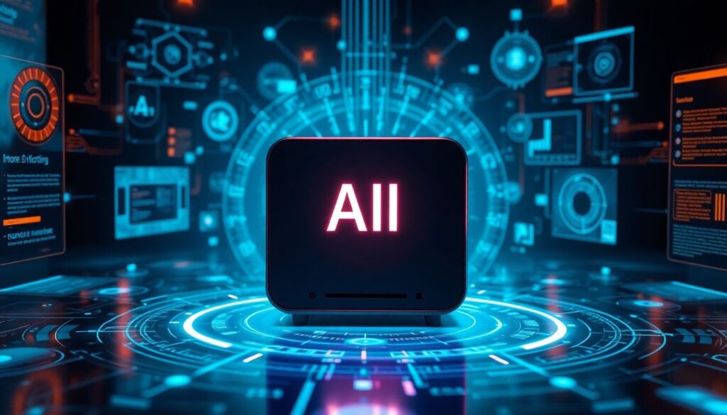 Microsoft’s Mini AI PCs Are on the Way An image of a futuristic mini PC with a glowing AI logo, surrounded by holographic interfaces and cutting-edge technology.