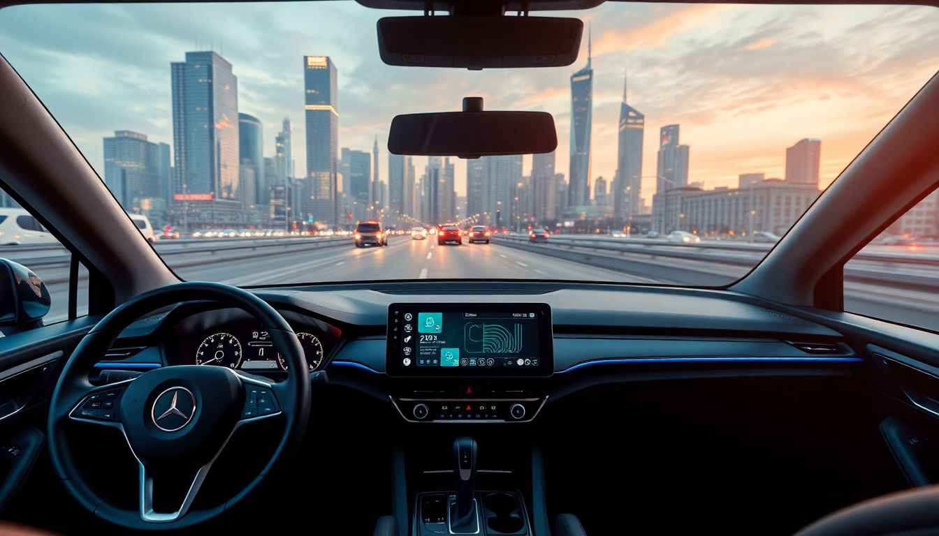 Electric vehicles with AI-powered dashboards and a futuristic cityscape.